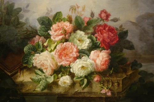 Bouquet of roses on an entablature - Marie LOUVEAU, circa 1880 - Paintings & Drawings Style Napoléon III