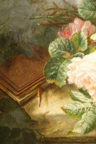Bouquet of roses on an entablature - Marie LOUVEAU, circa 1880 - 