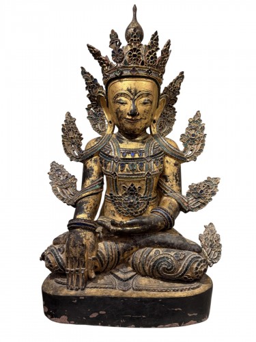 Grand Bouddha en bois peint et doré, Birmanie fin 19e siècle