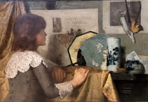 Jeune femme devant un intérieur japonisant - F.HALL, 1885 - Tableaux et dessins Style Art nouveau