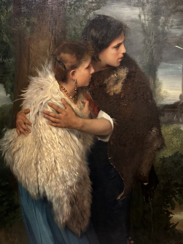 19th century - A Shepherd Protecting A Young Woman From The Storm - Emile LEVY (1826-1890)