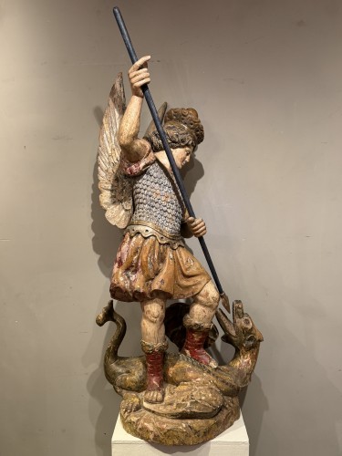 Saint Michel Terrassant Le Mal, Italie 18e siècle - Sculpture Style Louis XV