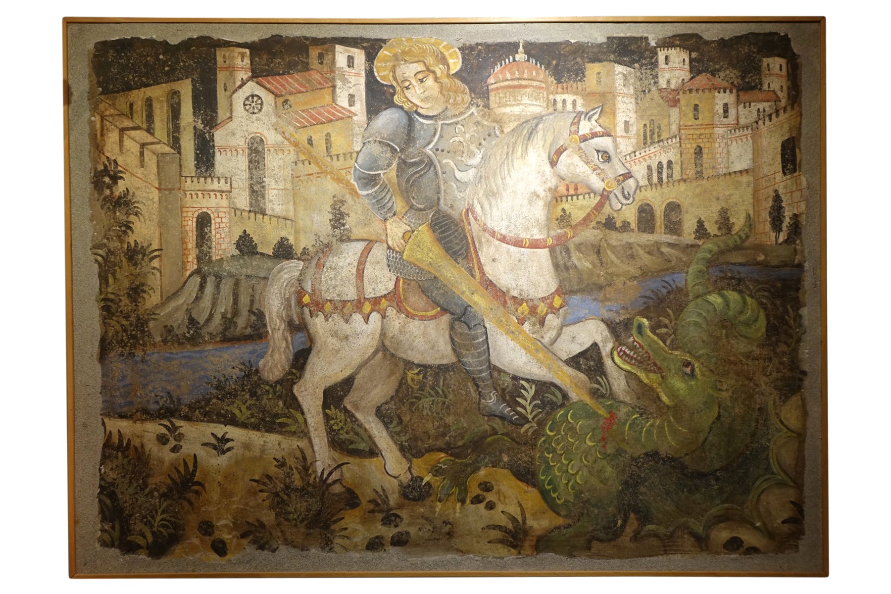 Saint Georges terrassant le dragon, Peinture à fresque (strappo ...