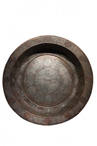 Large copper basin, silver inlaid, Egypt, 19th c. or before.