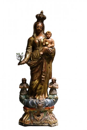 Vierge à l'Enfant en terre cuite polychromée et dorée, Italie, 18e siècle