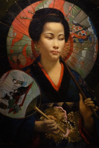 &quot;A young Japanese woman with a fan&quot;,signed F.LAFON, dated 1875