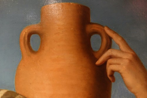 Antiquités - &quot;Young woman carrying water, Rebecca?&quot;,oil on canvas ,C.Spinetti, 1880