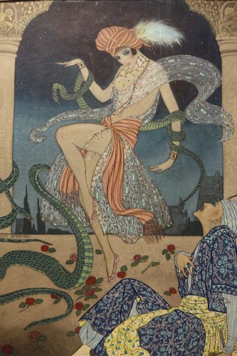 Tableaux et dessins Dessin, Aquarelle & Pastel - Princesse Emeraude - Aquarelle, gouache, huile signé F.LORENZI, 1929