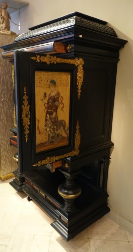 Antiquités - Cabinet en chêne noirci, bronze et céramiques - France vers 1860
