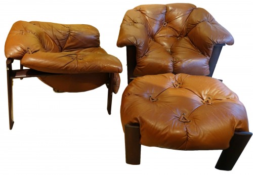 Two armchairs and a stool, leather and jacaranda - Percival LAFER Brazil 1960