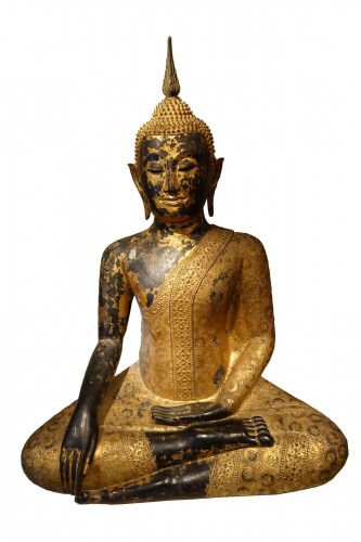 Seated Buddha in bronze, lacquer and gold leaf, Rattanakosin 1850