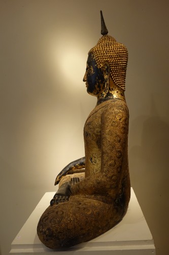 Antiquités - Seated Buddha in bronze, lacquer and gold leaf, Rattanakosin 1850
