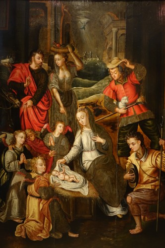 Grande Adoration des bergers, Flandres 17e siècle - Tableaux et dessins Style Louis XIII