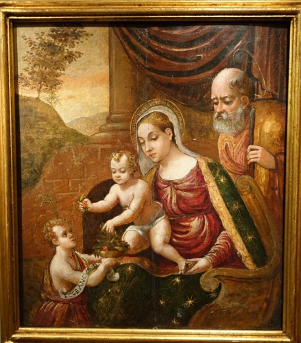 Antiquités - La Sainte Famille et saint-jean Baptiste, école Vénéto crétoise, datée 1612