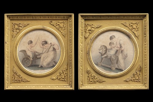 Paire de miniatures néoclassiques dans cadres en bronze - Objets de Vitrine Style Empire