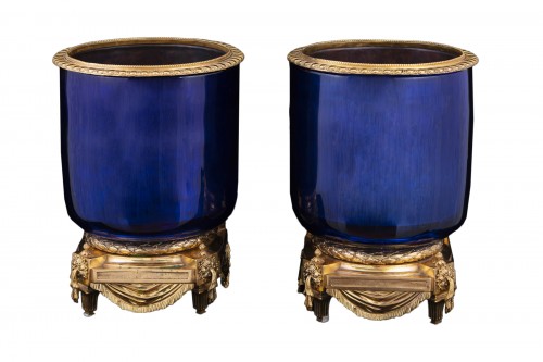 Paire de jardinières en bronze et cristal blue cobalt