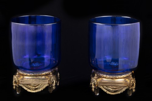 18th century - Pair of planter bronze and cobalt blue cristal