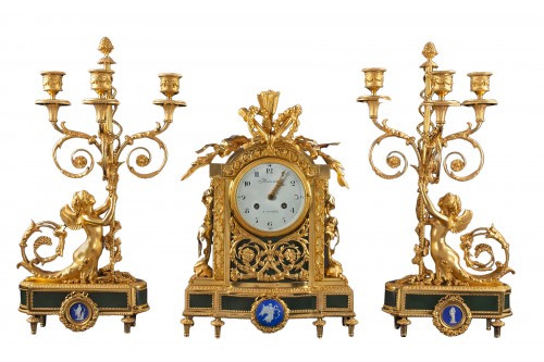 A Three-piece mantel set of Louis XVI period Dial signed MANIER a PARIS