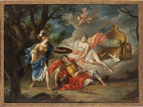 Minerva protects Telemachus from arrossate of Love. 18th century painter