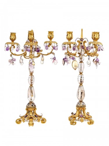 Paire de candelabres en bronze Dore’ e cristallo amèthyste