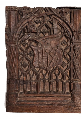 Panneau de coffre à décor marial du XVe siècle - Sculpture Style Moyen Âge