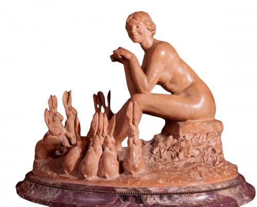 Young woman with rabbits, original terracotta Magrou Jean (1869-1945)