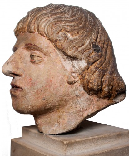 Head of a man in polychrome limestone, fifteenth century - 