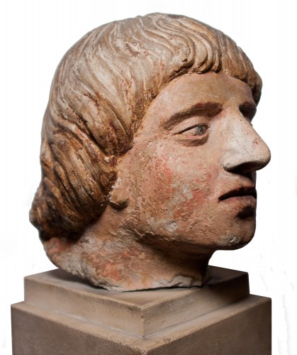 Head of a man in polychrome limestone, fifteenth century - Middle age