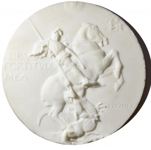 19th century - Emmanuel Frémiet (1824-1910) - Marble medallion depicting St Georges slaying the dragon