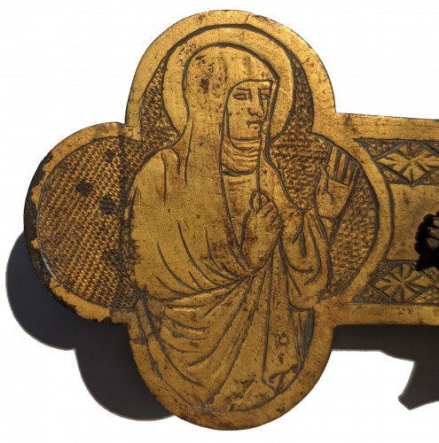 Antiquités - Croix de procession toscane en cuivre et bronze doré du XIVe siècle