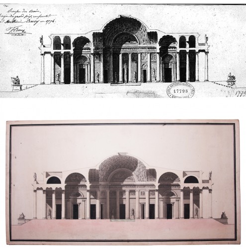 Tableaux et dessins Dessin, Aquarelle & Pastel - Projet de "bains publics d'eau minérale" attribué à Mathurin Crucy, vers 1774