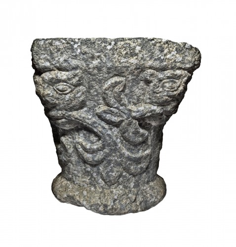 Romanesque Capital Decorated With Masks And Foliage