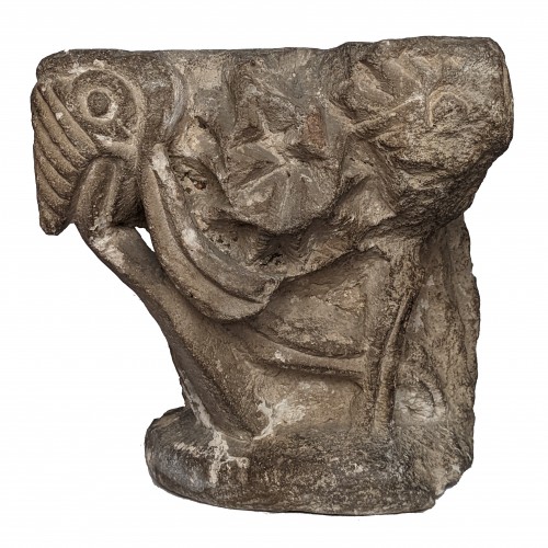 Chapiteau roman du XIIe siècle en calcaire - Sculpture Style Moyen Âge