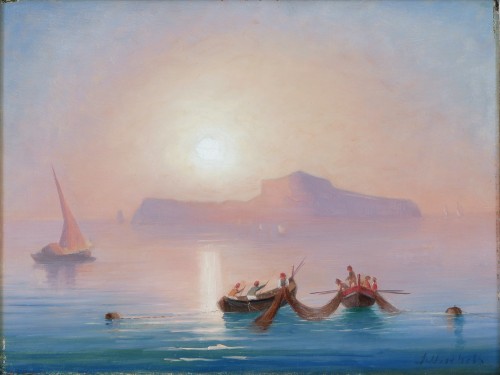 NISBETH, Joséphine (1840-1927) - Coucher du soleil à Capri avec des pêcheurs