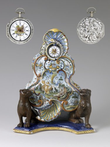 A Louis XV Faience clock stand attributed to the &quot;Maître des Muses&quot;