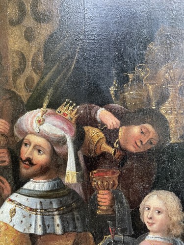 Tableaux et dessins Tableaux XVIIe siècle - Le Banquet d'Esther - École Flamande début XVIIe