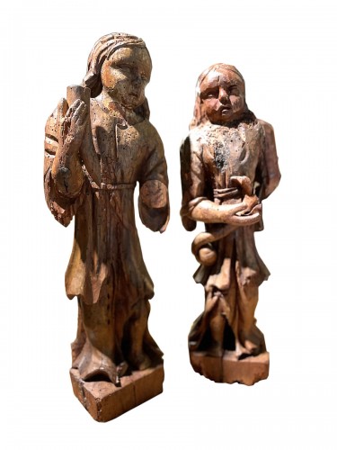 Deux anges éléments d'autel en bois - XVIe siècle