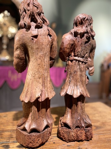 Antiquités - Deux anges éléments d'autel en bois - XVIe siècle