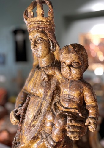 Large Virgin And Child In Golden Terracotta - Religious Antiques Style 