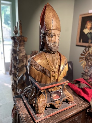 Imposant buste reliquaire d'un Saint Evêque fin du XVIIe, début du XVIIIe siècle - Art sacré, objets religieux Style 