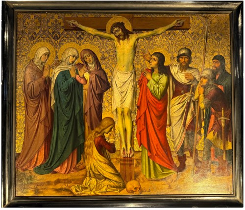 Crucifixion – Grande huile sur cuivre du XIXe siècle