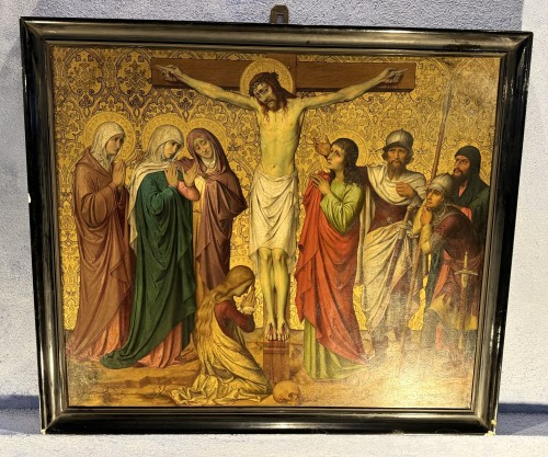 Antiquités - Crucifixion – Grande huile sur cuivre du XIXe siècle