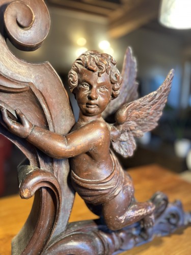 Art sacré, objets religieux  - Grande paire d’anges de buffet d’orgue du XIXe siècle