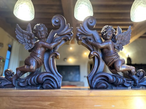 Antiquités - Grande paire d’anges de buffet d’orgue du XIXe siècle