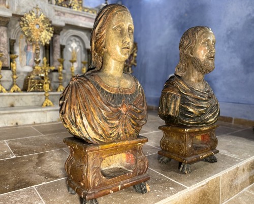 Pair Of Reliquary Busts Of Saints Sylvia And Gordian - Late 17th Century - Religious Antiques Style 