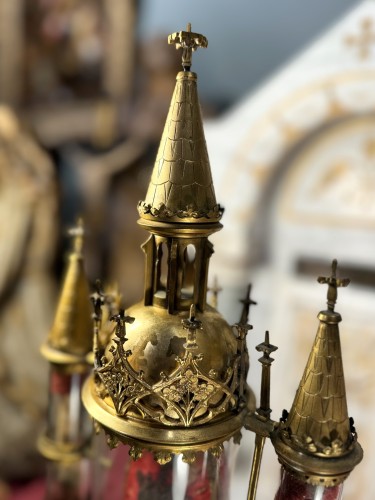 Religious Antiques  - Monstrance Neo-gothic Reliquary With Three Cylinders – 19th Century