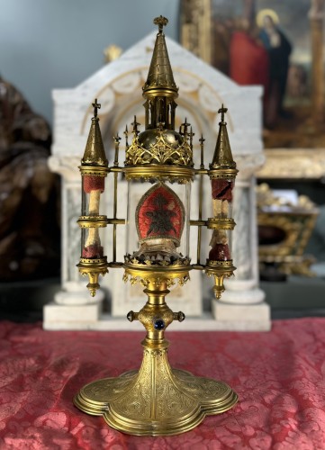 Antiquités - Monstrance Neo-gothic Reliquary With Three Cylinders – 19th Century