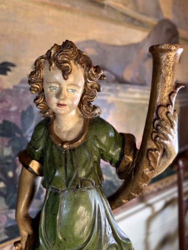 18th century - Pair Of Ceroferous Cherubs In The Colors Of Hope - 18th Century