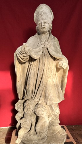 Sculpture  - Large White Stone Statue Of Saint Nicholas - 18th Century