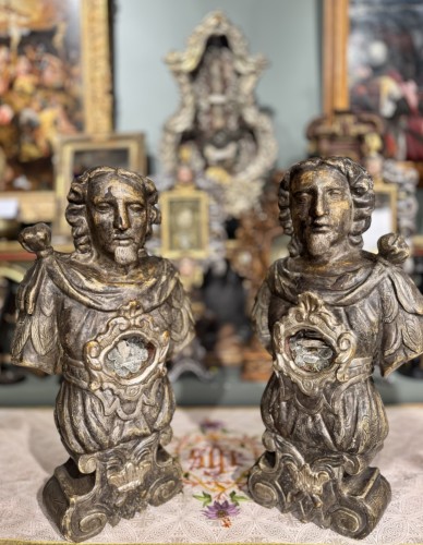 Paire de bustes reliquaires des Saints Jean Baptiste et François, Italie début XVIIIe siècle - 